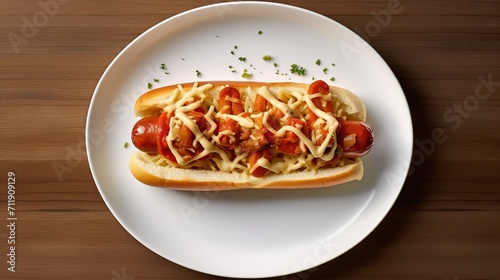 Hot dog with sausages and vegetables on a white plate