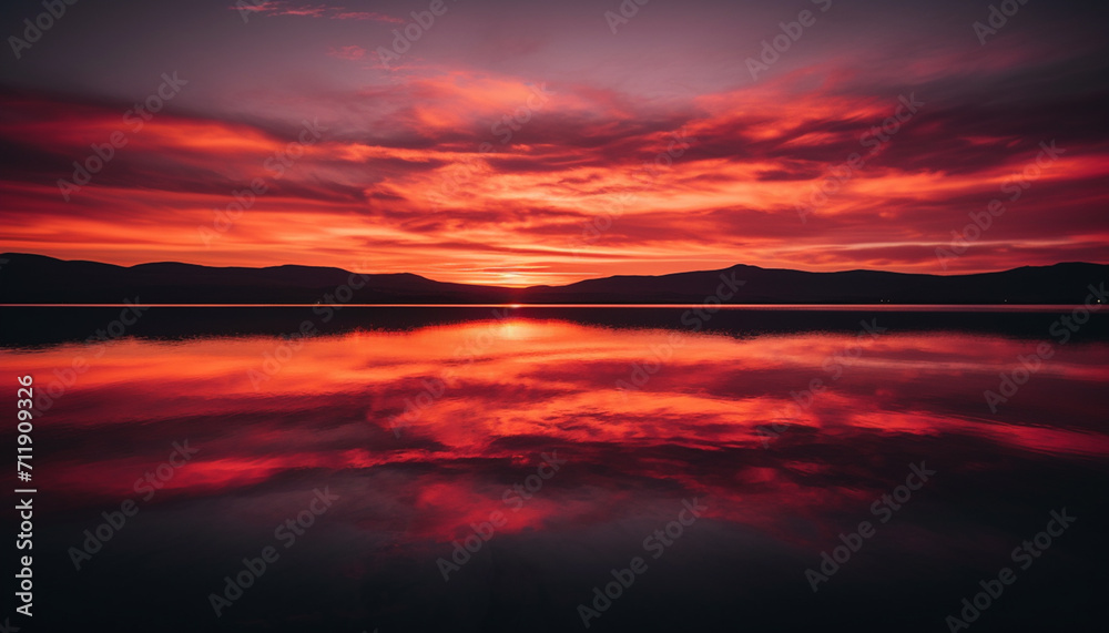 Sunset over tranquil water, reflecting the beauty of nature landscape generated by AI