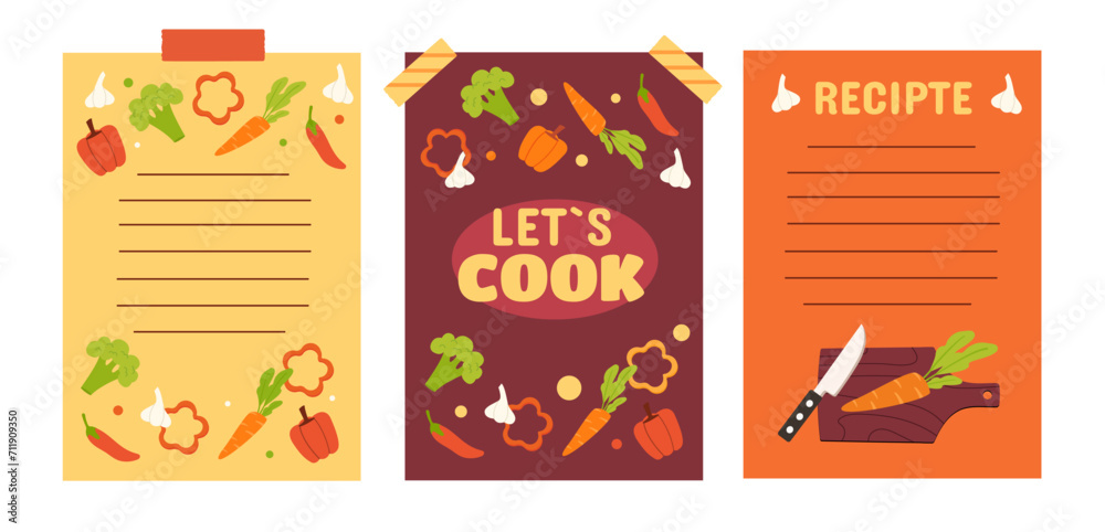 Lets cook posters set. Preparation of tasty food. Lists for recipes and ingredients. Vegetables at cutting board with knife. Cartoon flat vector collection isolated on white background