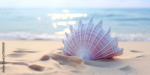 Large beautiful pink shell on the sand against the background of the sea, summer light sea background
