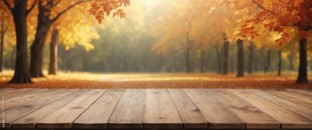 Blurry Autumn on Empty Wooden Table Background, Wooden Table Blurry Autumn on Empty Wooden Table Background, Wooden Table