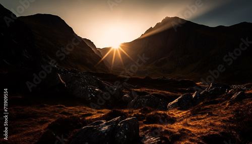 Nature beauty in a tranquil scene mountain peak at sunset generated by AI