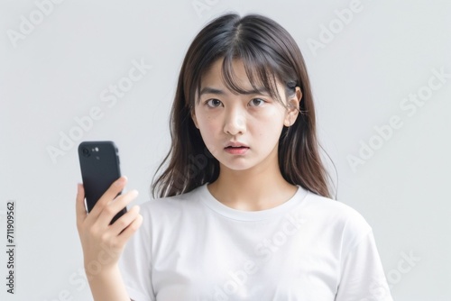 スマートフォンを操作しながら激怒している（怒っている）Tシャツ姿の日本人美女