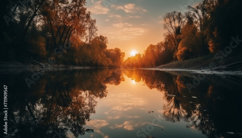 Sunset reflects on tranquil pond, creating vibrant autumn landscape generated by AI © Jemastock