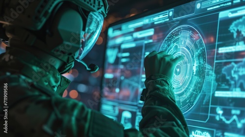 Soldier with high-tech helmet examines futuristic AI interface in dimly lit control room photo