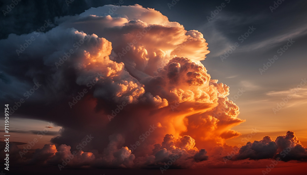 Fluffy clouds paint the sky with vibrant colors at sunset generated by AI