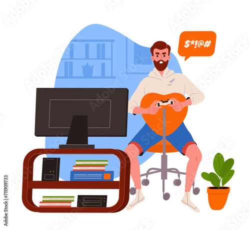 Man loses game concept. Angry young guy with joystick sitting and look at computer monitor or television. Arcade and video game. Dissatisfied gamer. Cartoon flat vector illustration