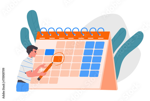 Man marks in calendar. Concept of planning and scheduling. Deadline and goal setting. Young guy with time management and organization of effective work process. Cartoon flat vector illustration