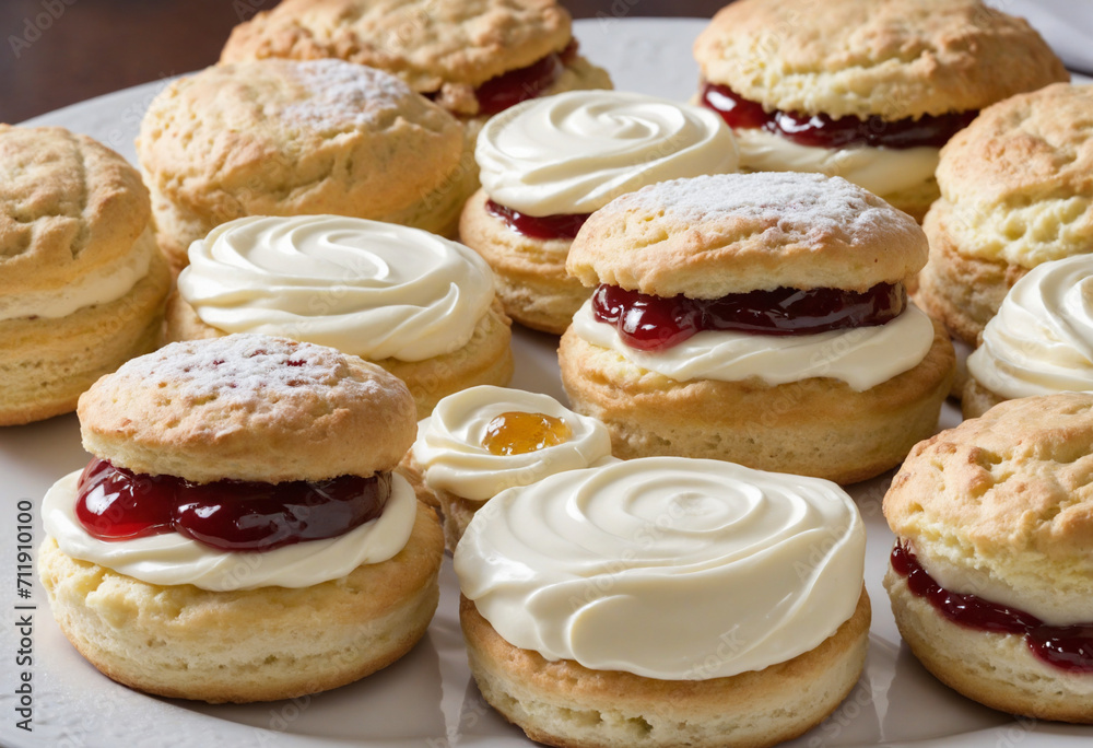 Top-down view of scones with jam and buttercream Top-down view of scones with jam and buttercream