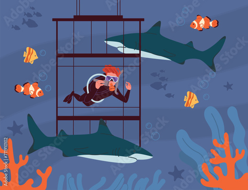 Man with sharks underwater concept. Young guy in black swimsuit with fishes, nautical dwellers. Scubba diver investigate ocean and sea bottom. Cartoon flat vector illustration