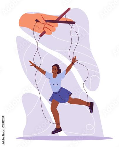 Manipulation of doll concept. Woman at string, puppet. Psychological abuse and mental problems. Bad relations and boss. Cartoon flat vector illustration isolated on white background