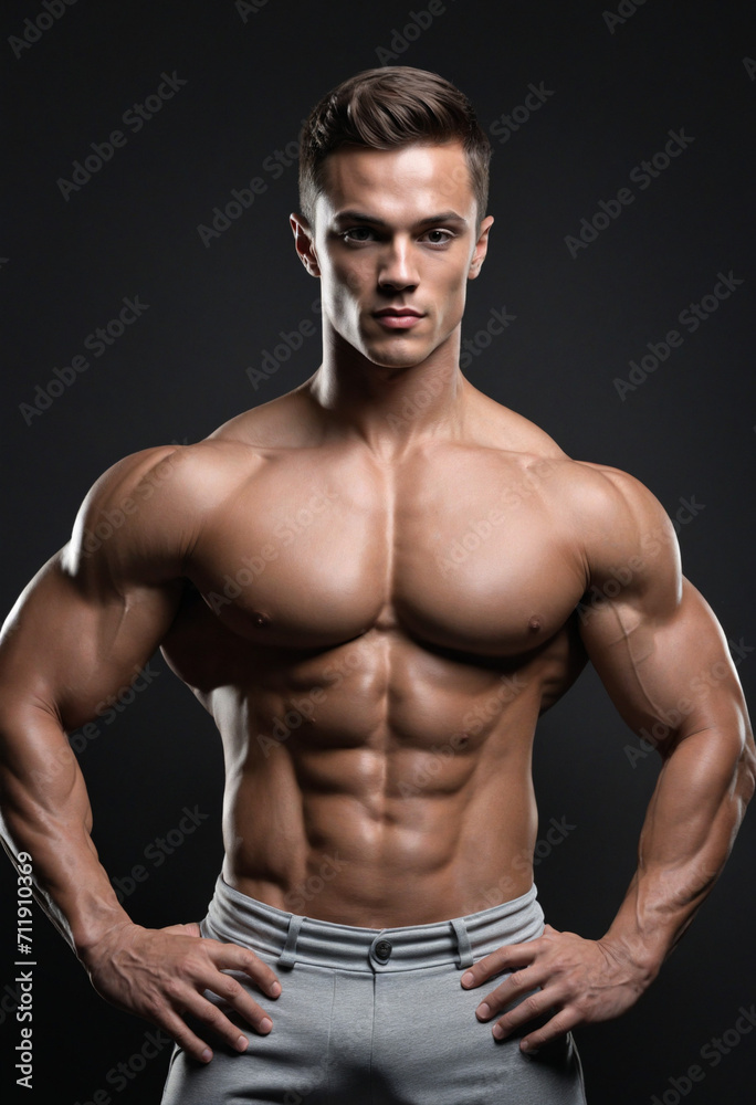 Young muscular fitness model showcasing physique against dark backdrop. Full-length image. Young muscular fitness model showcasing physique against dark backdrop. Full-length image.