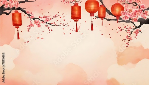 chinese new year decoration, Chinese oriental watercolor background with traditional paper lanterns. Chinese new year festival generative ai