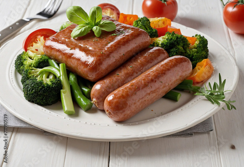 Delicious Sausage and Vegetables on a White Wooden Background