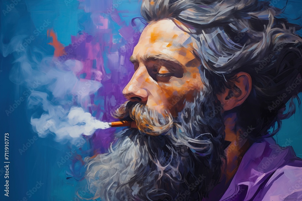 A man with a beard and a cigarette on a colourful background