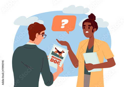 Woman missing dog concept. Young guy helps to find domestic animal and mammal. Girl try to find puppy. Volunteers and activists. Cartoon flat vector illustration isolated on white background