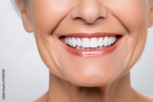 Close up of an elder woman smiling healthy white teeth dentist oral hygiene
