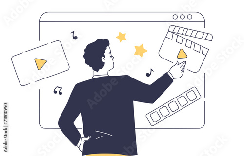 Man with motion graphics doodle concept. Young guy with wideo editor. Producton of cartoons. Freelancer and remote worker. Linear flat vector illustration isolated on white background photo