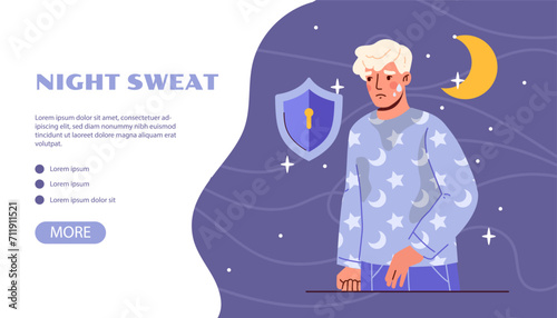 Night sweat poster. Sad young guy with acne at face. Problem with hormones and skin. Landing page design. Anatomy and biology. Beauty and healt care. Cartoon flat vector illustration