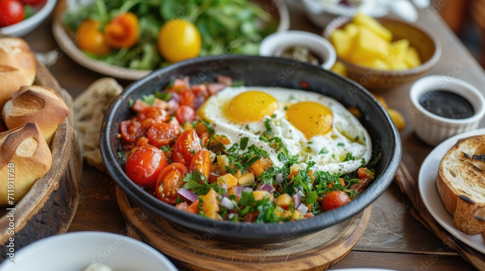 fried eggs with seasoned tomatoes and greens in a plate, served with toast fried eggs with seasoned tomatoes and greens in a plate, served with toast