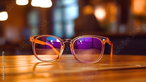 Stylish glasses on a wooden table in the interior of the room