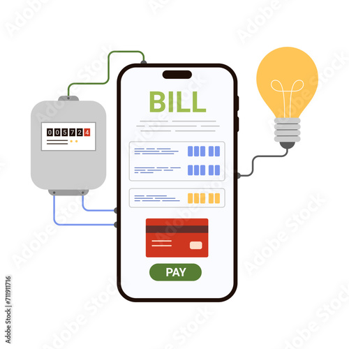 Pay electricity bill online in mobile app of phone to save money and reduce consumption. Front view of smartphone screen with electric meter, bright light bulb connection cartoon vector illustration