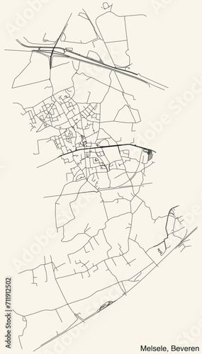 Detailed hand-drawn navigational urban street roads map of the MELSELE SECTION of the Belgian municipality of BEVEREN, Belgium with vivid road lines and name tag on solid background photo