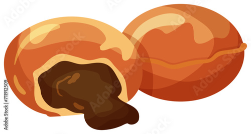 Whole nutmeg and a half with kernel. Detailed spice illustration, organic condiment. Cooking and seasoning vector illustration.