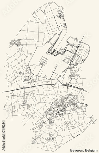 Detailed hand-drawn navigational urban street roads map of the Belgian city of BEVEREN, BELGIUM with solid road lines and name tag on vintage background