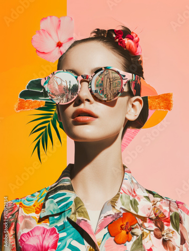 portrait of retro woman with different colorful elements on the face 