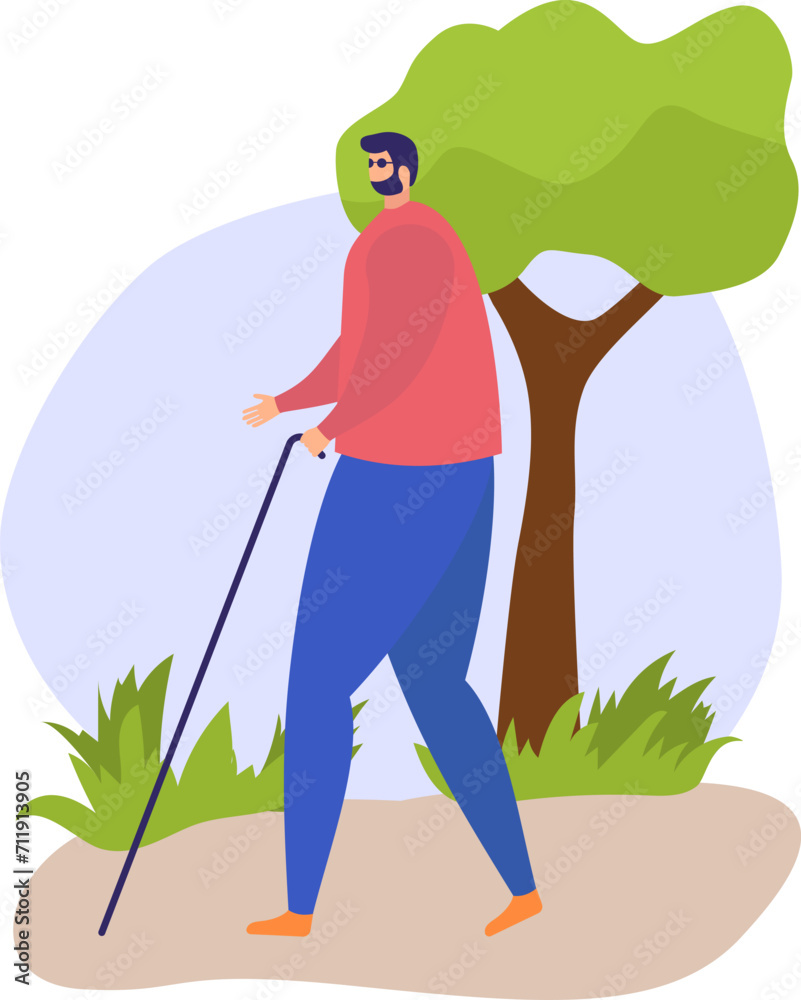 Blind man with cane walking in park. Visually impaired male navigating outdoors. Independence for disabled people vector illustration.