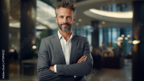 A handsome mature businessman is in an office with a beard and neatly trimmed hair that is partly white in colour. Created with Generative AI. photo