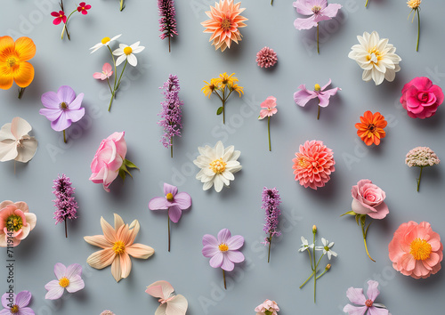 Creative layout made of various colorful fresh flowers on a bright gray background.