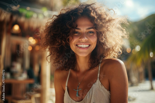 Generative AI image of cheerful young woman with curly hair smiles brightly looking at camera against a blurred tropical background