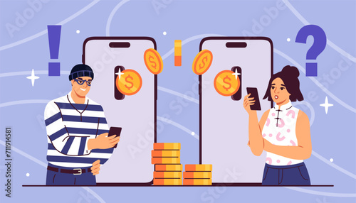 Scam on internet concept. Hacker steal money from woman near smartphone. Eectronic money, digital transfers and transactions. Cartoon flat vector illustration isolated on blue background