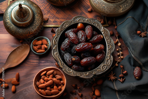 Sumptuous Spread Of Traditional Arabic Food Served During Ramadan Featuring Dates and Almonds Created With Generative AI Technology photo