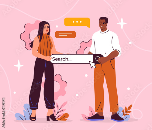 People with search bar concept. Man and woman looking for information. Internet searching system. Young guy and girl with online knowledges. Cartoon flat vector illustration isolated on pink backdrop