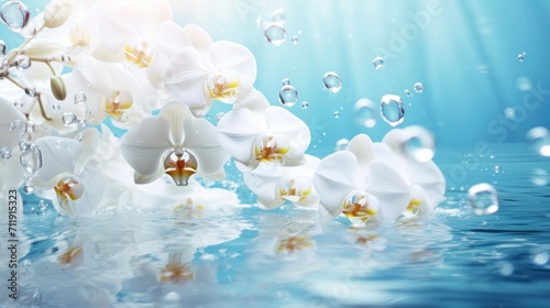 White orchids bouquet under light blue clear water with bubbles and droplets. Banner with copy space. Perfect for poster, greeting card, event invitation, promotion, advertising, print, elegant desig