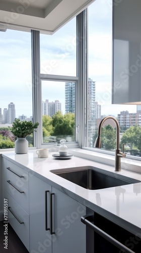 Chic kitchen interior featuring a cityscape through big windows  accented with modern fixtures. Perfect for architectural content  luxury apartment promotions  and urban lifestyle articles.