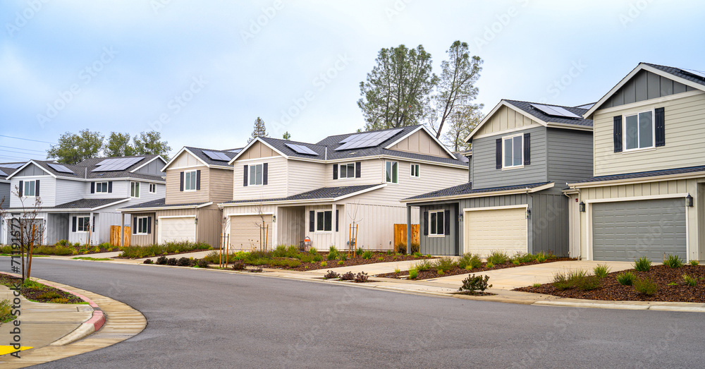 Single family homes on an empty street in Northern California Single family homes on an empty street in Northern California