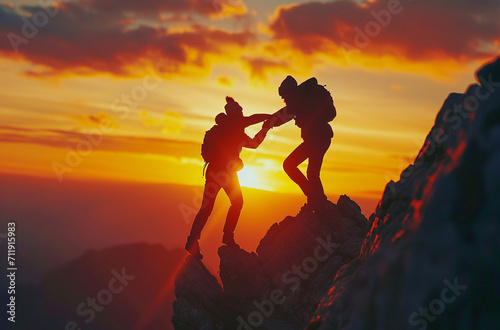 Man helping friend reach the mountain top. Teamwork concept.