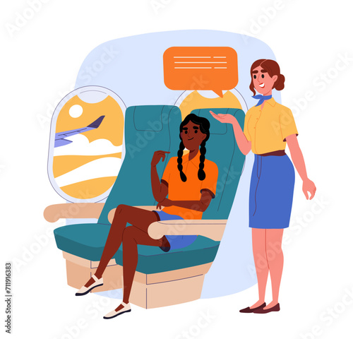 Stewardess works in plane. Woman with passengerse at flight. Young girl in uniform in arplane. International travel and flights. Holiday and vacation, tourism. Cartoon flat vector illustration