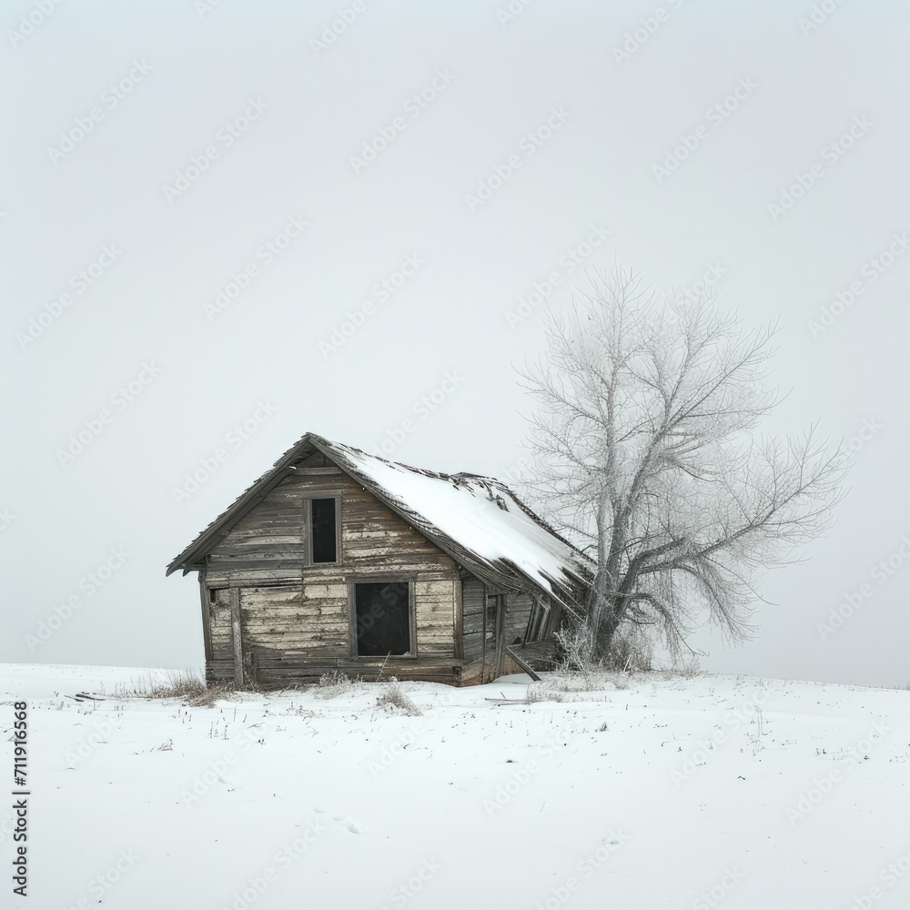 Solitude in White: Ruined Cabin Amidst Snow and Gray Sky