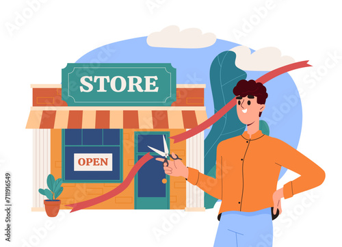 Store opening concept. Man small business owner with scissors cut red ribbon. Start up and project. Young guy near shop and market. Cartoon flat vector illustration isolated on white background