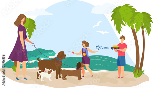 Two women walking dogs and man with water gun at beach. Casual summer activities with pets  leisure time on seaside. Family fun outdoor  coastal scene vector illustration.