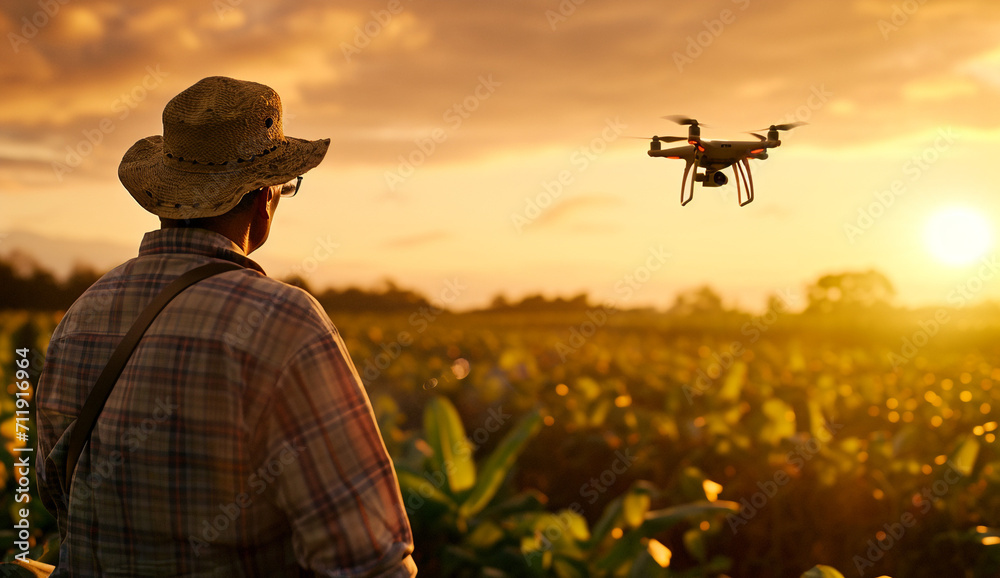 Farmer navigating drone above farmland in sunset. High technology innovations for increasing productivity in agriculture. Farmer navigating drone above farmland in sunset. High technology innovations for increasing productivity in agriculture.