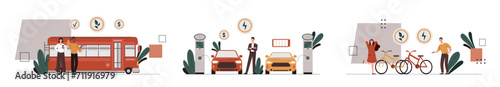 Sustainable transportation set. Care about ecology and nature, ecosystem. Eco friendly transport. Reduced CO2 emissions into atmosphere. Cartoon flat vector collection isolated on white background