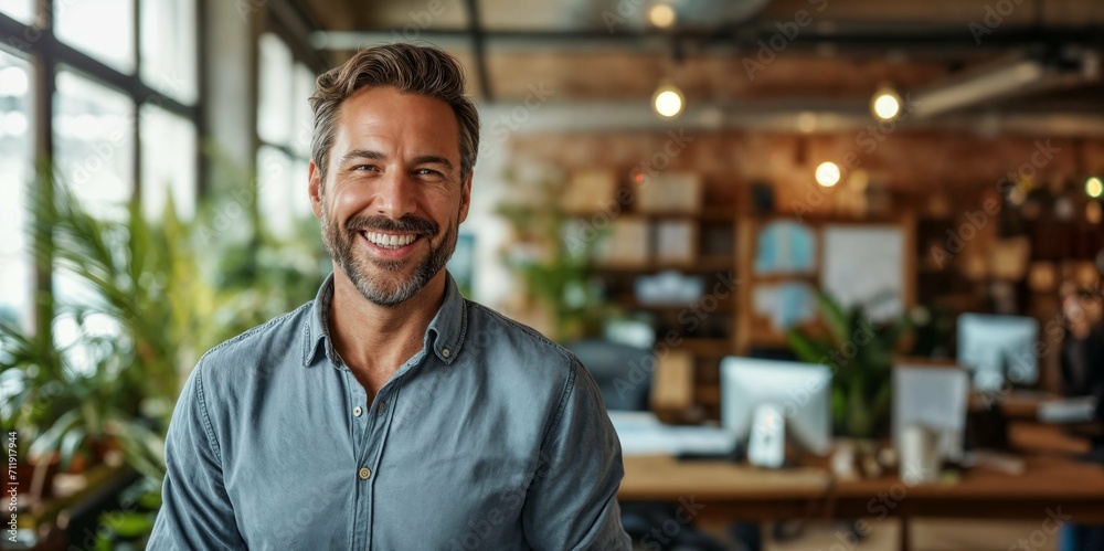 Portrait of a smiling man with stubble in a casual shirt in an office environment with blurred workstations in the background Portrait of a smiling man with stubble in a casual shirt in an office environment with blurred workstations in the background