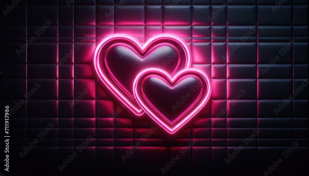 Neon Heart Lights on Dark Background, Love Concept