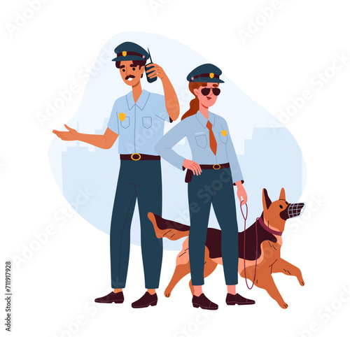 Two policeman with dog. Man and woman in police uniform with pet at leash. Guards and officer investigate crime. Safety and protection at city streets. Cartoon flat vector illustration